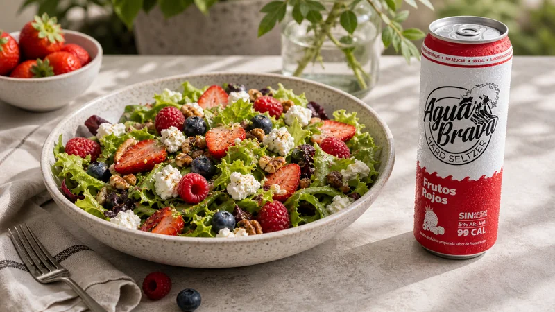Lata de hard seltzer Agua Brava junto a plato keto con proteína y vegetales bajos en carbs